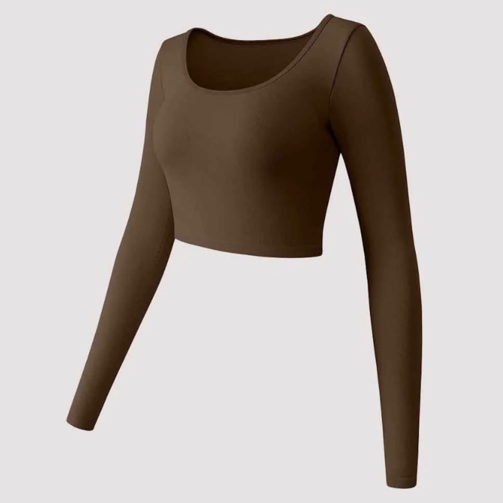 Elegant Brown Long Sleeve Ribbed Crop Top